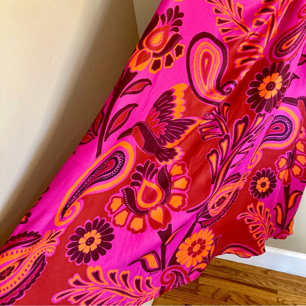 NEW FARM Rio Bold Floral Pink Midi Dress One Shoulder Cut-Out Beaded Tie Size L - Picture 9 of 16